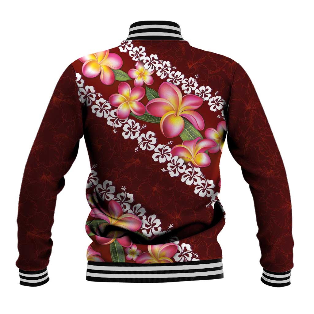 Oxblood Polynesia Baseball Jacket Plumeria With Hibiscus Pattern Tropical Vibes