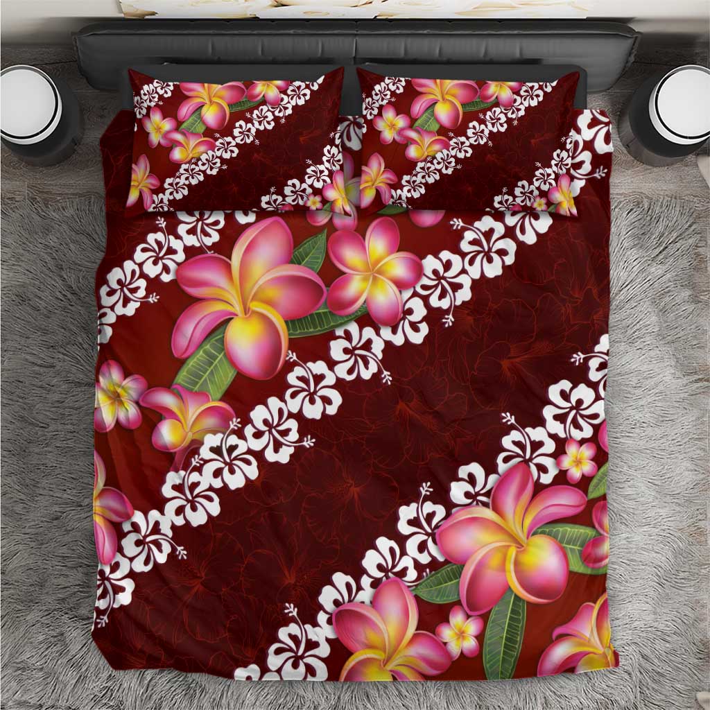 Oxblood Polynesia Bedding Set Plumeria With Hibiscus Pattern Tropical Vibes