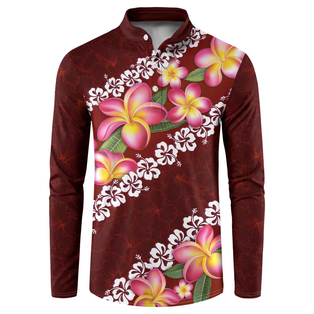 Oxblood Polynesia Button Sweatshirt Plumeria With Hibiscus Pattern Tropical Vibes LT14 Oxblood - Polynesian Pride