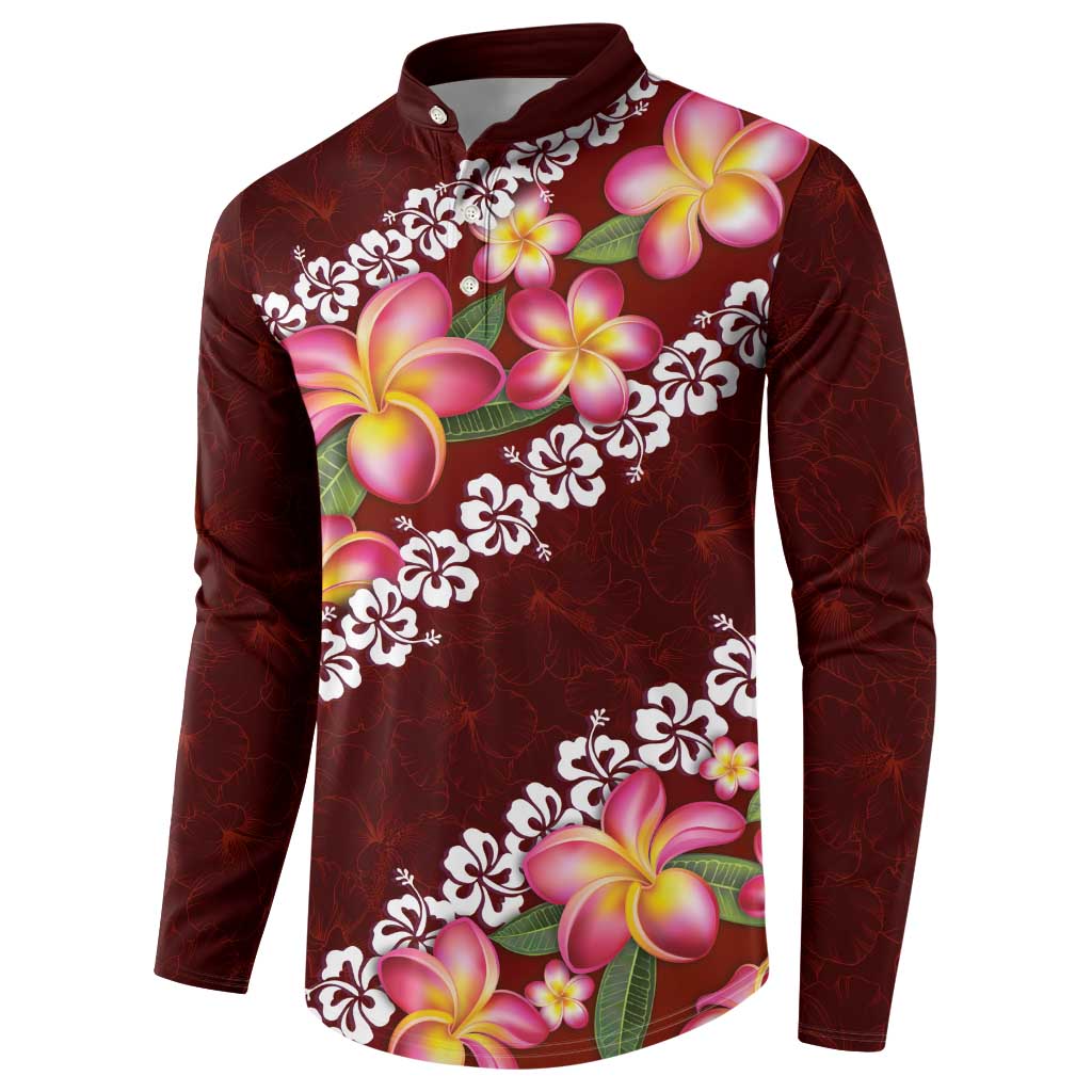Oxblood Polynesia Button Sweatshirt Plumeria With Hibiscus Pattern Tropical Vibes LT14 - Polynesian Pride