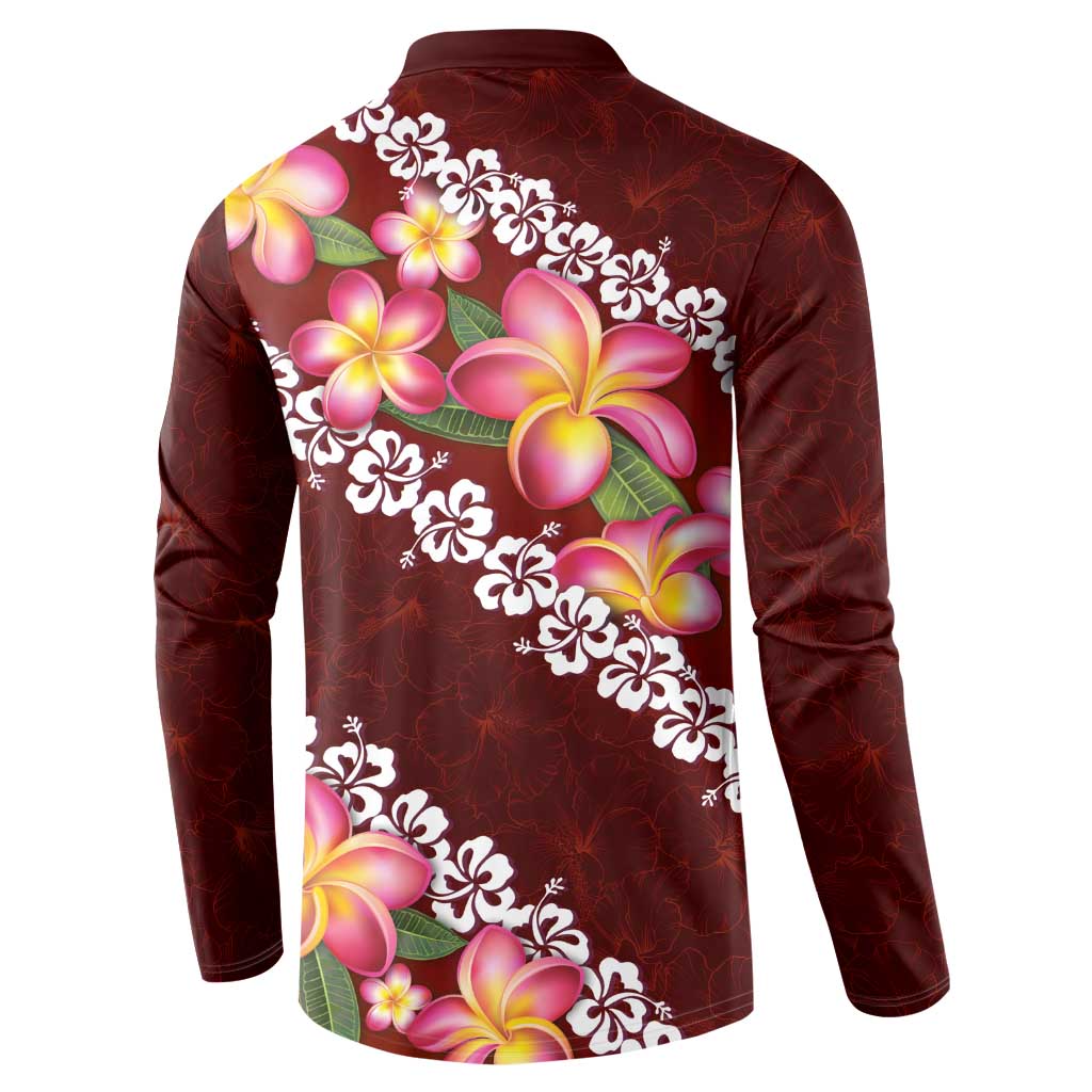 Oxblood Polynesia Button Sweatshirt Plumeria With Hibiscus Pattern Tropical Vibes LT14 - Polynesian Pride