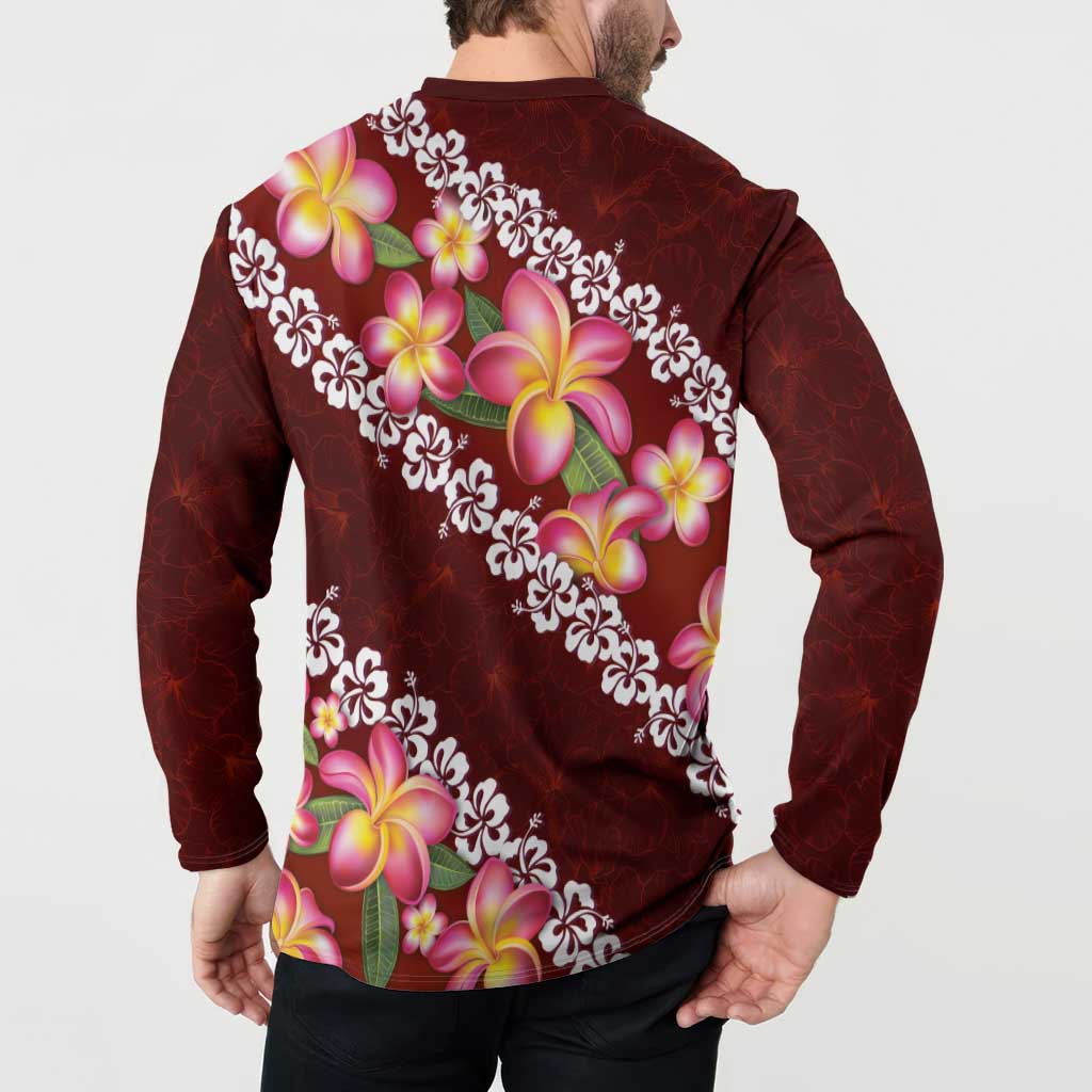 Oxblood Polynesia Button Sweatshirt Plumeria With Hibiscus Pattern Tropical Vibes LT14 - Polynesian Pride