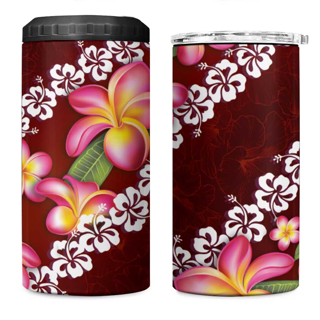 Oxblood Polynesia 4 in 1 Can Cooler Tumbler Plumeria With Hibiscus Pattern Tropical Vibes