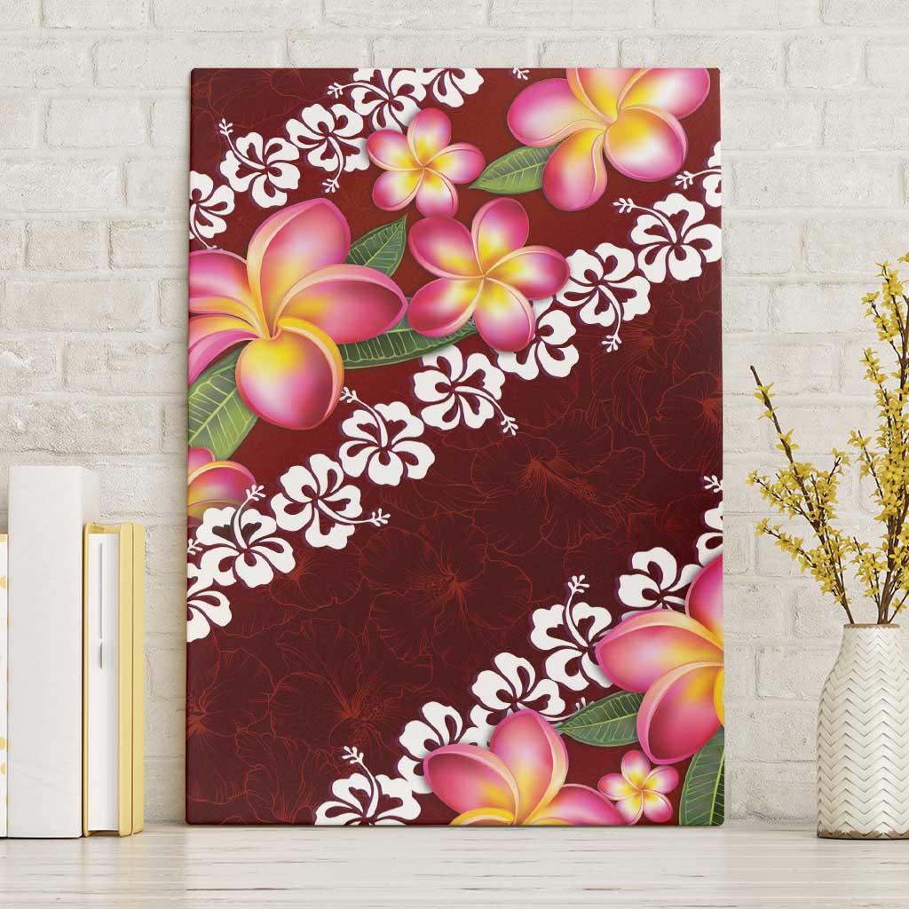 Oxblood Polynesia Canvas Wall Art Plumeria With Hibiscus Pattern Tropical Vibes