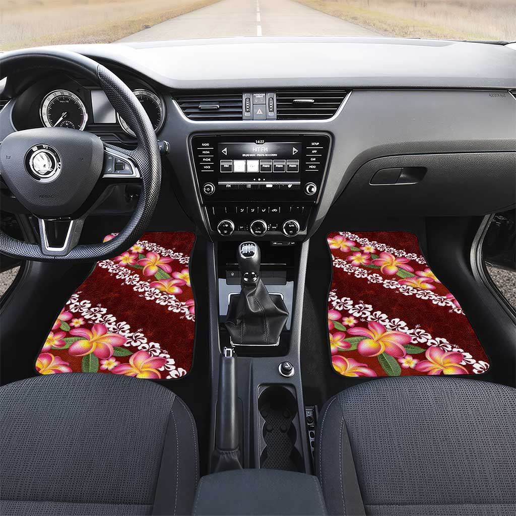 Oxblood Polynesia Car Mats Plumeria With Hibiscus Pattern Tropical Vibes LT14 Set 2pcs - Front Oxblood - Polynesian Pride