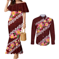 Oxblood Polynesia Couples Matching Mermaid Dress and Long Sleeve Button Shirt Plumeria With Hibiscus Pattern Tropical Vibes LT14 Oxblood - Polynesian Pride