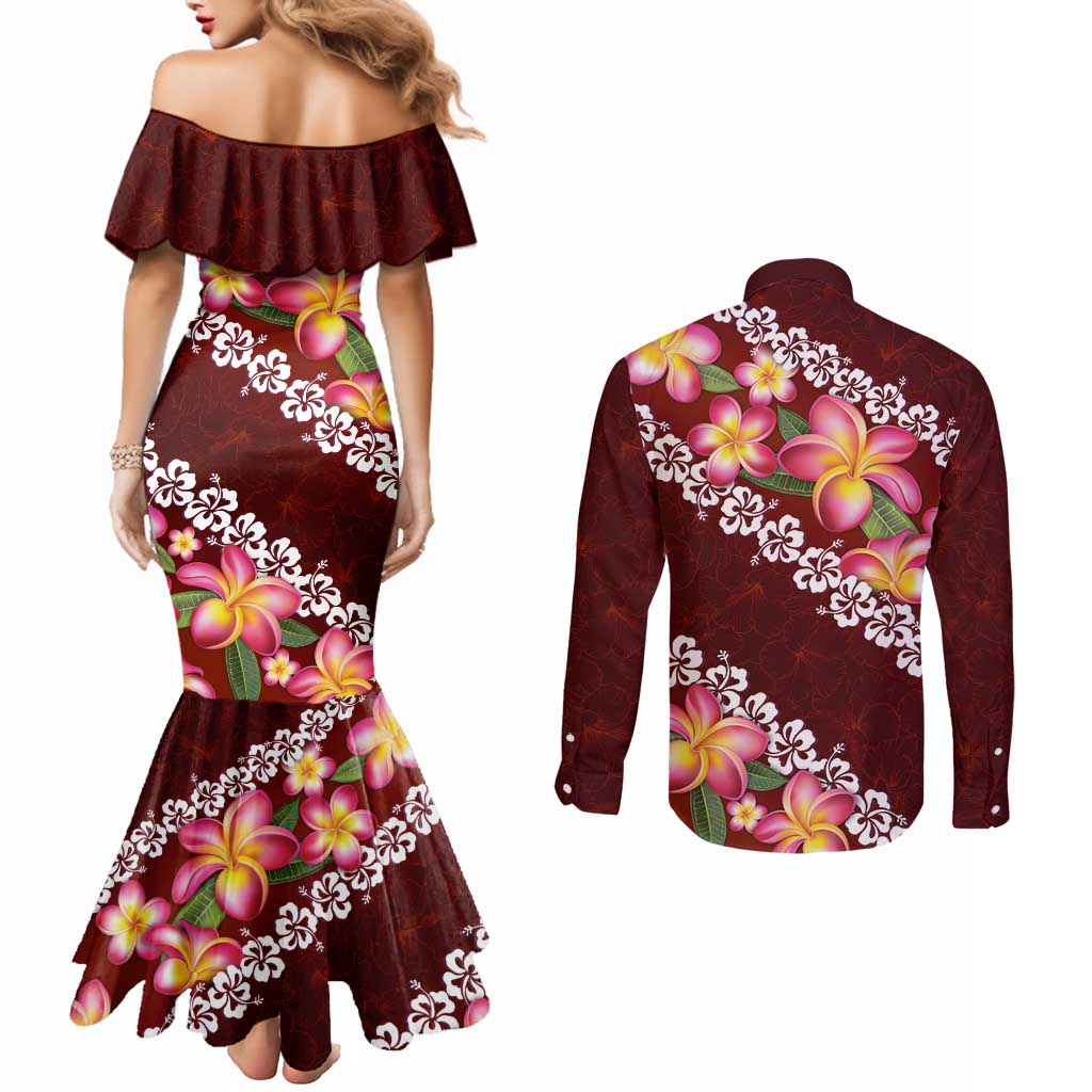 Oxblood Polynesia Couples Matching Mermaid Dress and Long Sleeve Button Shirt Plumeria With Hibiscus Pattern Tropical Vibes LT14 - Polynesian Pride