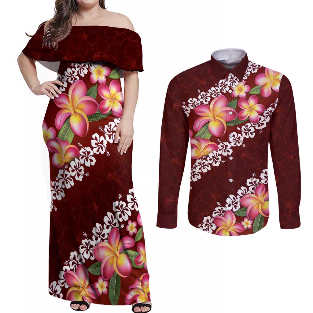 Oxblood Polynesia Couples Matching Off Shoulder Maxi Dress and Long Sleeve Button Shirt Plumeria With Hibiscus Pattern Tropical Vibes LT14 Oxblood - Polynesian Pride