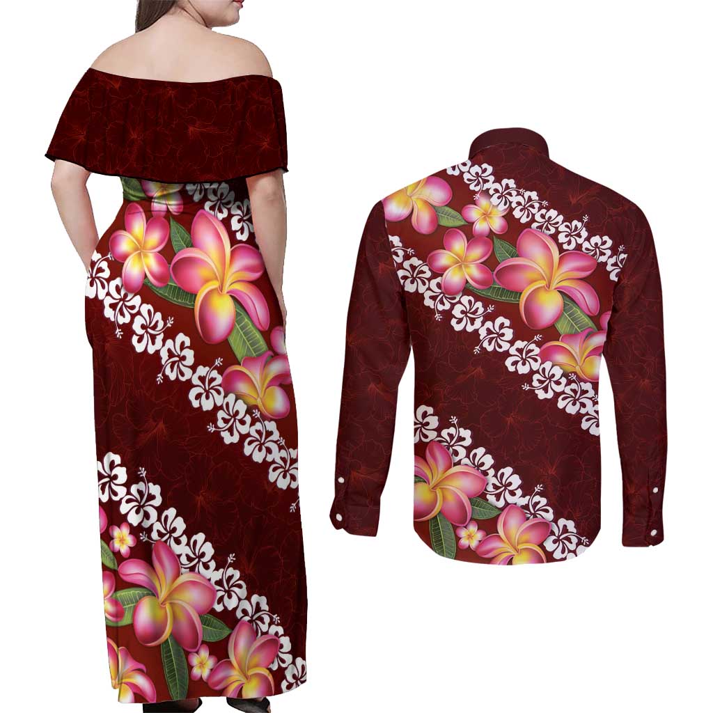 Oxblood Polynesia Couples Matching Off Shoulder Maxi Dress and Long Sleeve Button Shirt Plumeria With Hibiscus Pattern Tropical Vibes LT14 - Polynesian Pride