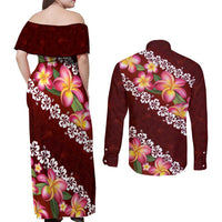 Oxblood Polynesia Couples Matching Off Shoulder Maxi Dress and Long Sleeve Button Shirt Plumeria With Hibiscus Pattern Tropical Vibes LT14 - Polynesian Pride