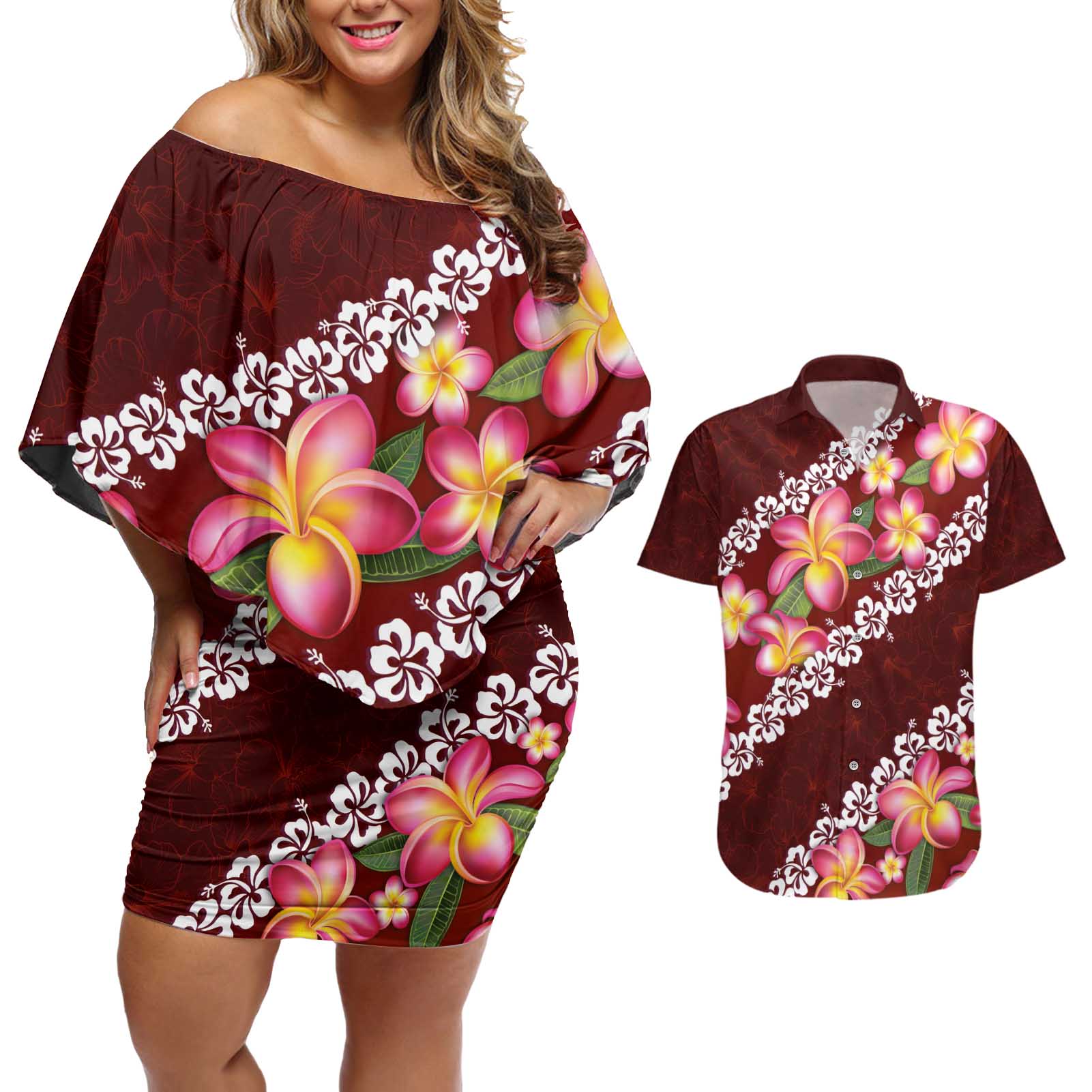 Oxblood Polynesia Couples Matching Off Shoulder Short Dress and Hawaiian Shirt Plumeria With Hibiscus Pattern Tropical Vibes