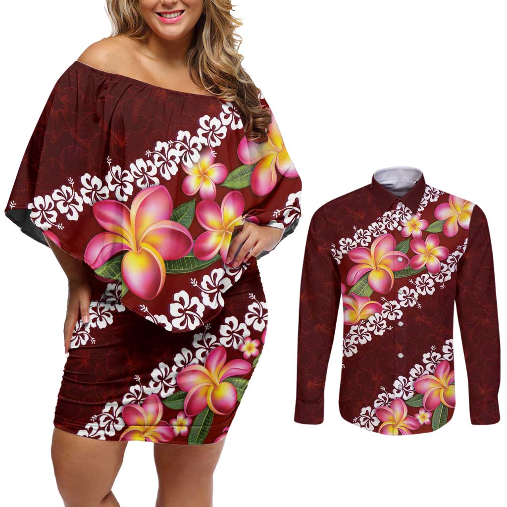 Oxblood Polynesia Couples Matching Off Shoulder Short Dress and Long Sleeve Button Shirt Plumeria With Hibiscus Pattern Tropical Vibes LT14 Oxblood - Polynesian Pride