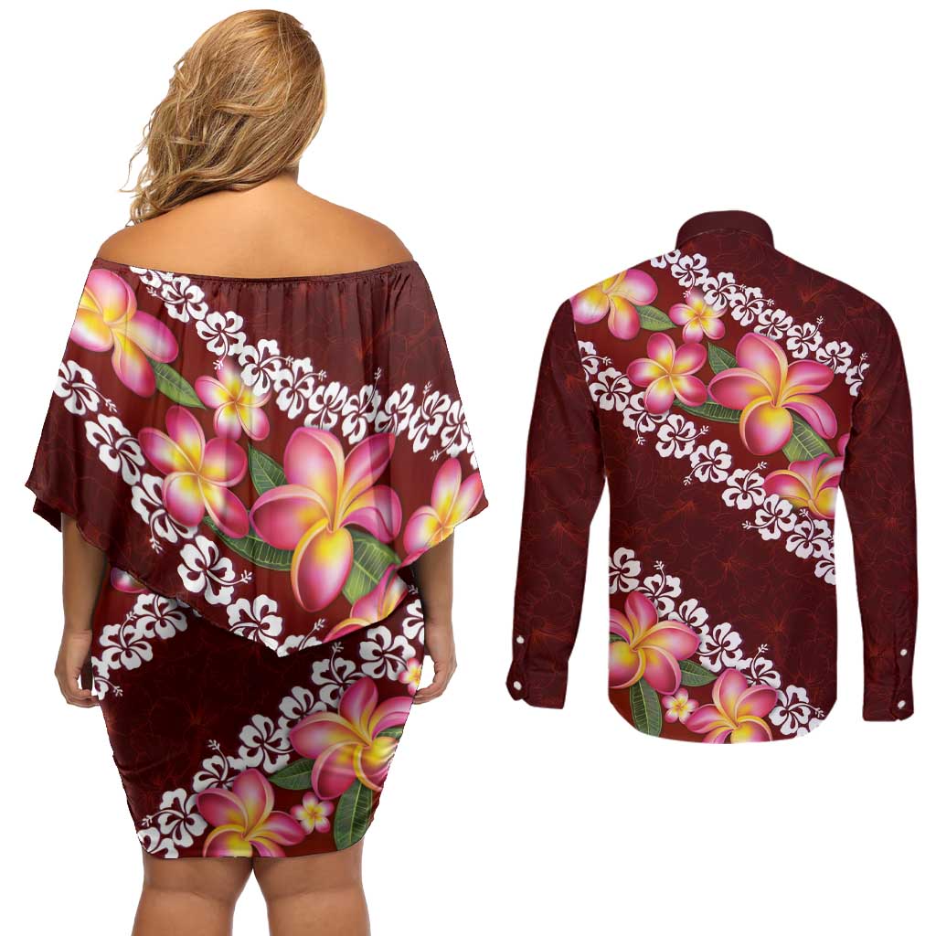 Oxblood Polynesia Couples Matching Off Shoulder Short Dress and Long Sleeve Button Shirt Plumeria With Hibiscus Pattern Tropical Vibes LT14 - Polynesian Pride