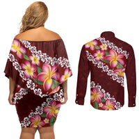 Oxblood Polynesia Couples Matching Off Shoulder Short Dress and Long Sleeve Button Shirt Plumeria With Hibiscus Pattern Tropical Vibes LT14 - Polynesian Pride