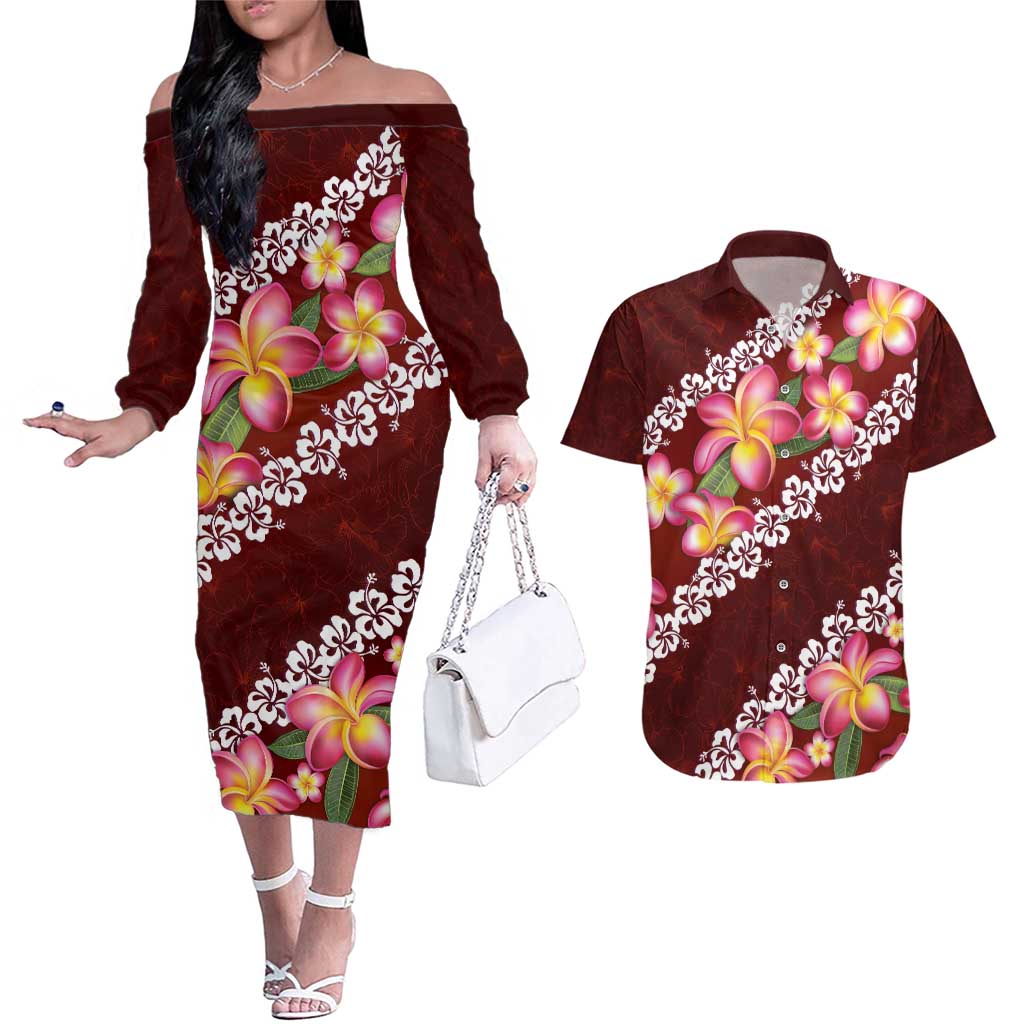 Oxblood Polynesia Couples Matching Off The Shoulder Long Sleeve Dress and Hawaiian Shirt Plumeria With Hibiscus Pattern Tropical Vibes