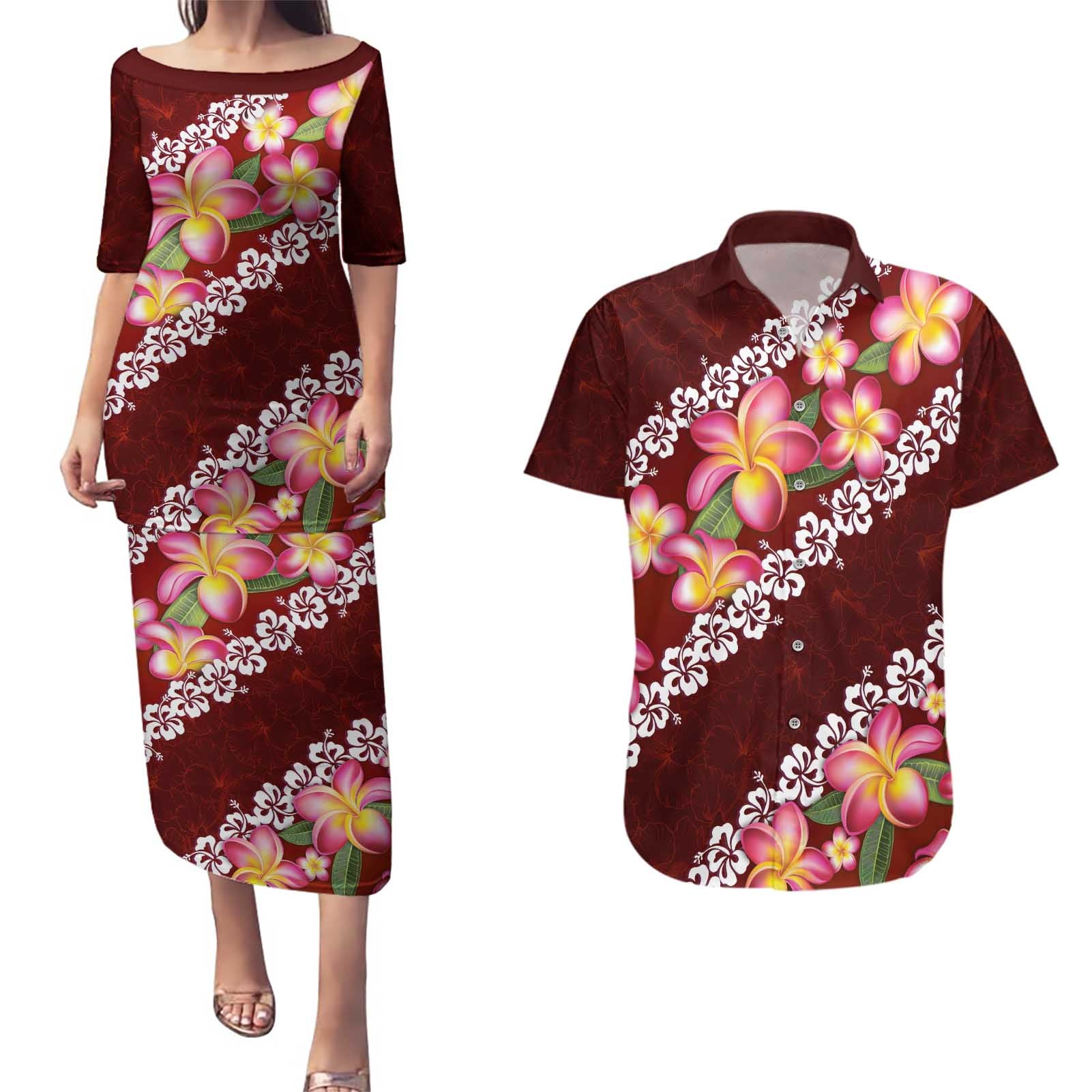 Oxblood Polynesia Couples Matching Puletasi and Hawaiian Shirt Plumeria With Hibiscus Pattern Tropical Vibes