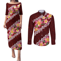 Oxblood Polynesia Couples Matching Puletasi and Long Sleeve Button Shirt Plumeria With Hibiscus Pattern Tropical Vibes LT14 Oxblood - Polynesian Pride