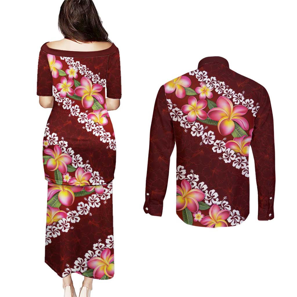 Oxblood Polynesia Couples Matching Puletasi and Long Sleeve Button Shirt Plumeria With Hibiscus Pattern Tropical Vibes LT14 - Polynesian Pride