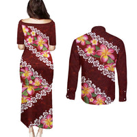 Oxblood Polynesia Couples Matching Puletasi and Long Sleeve Button Shirt Plumeria With Hibiscus Pattern Tropical Vibes LT14 - Polynesian Pride