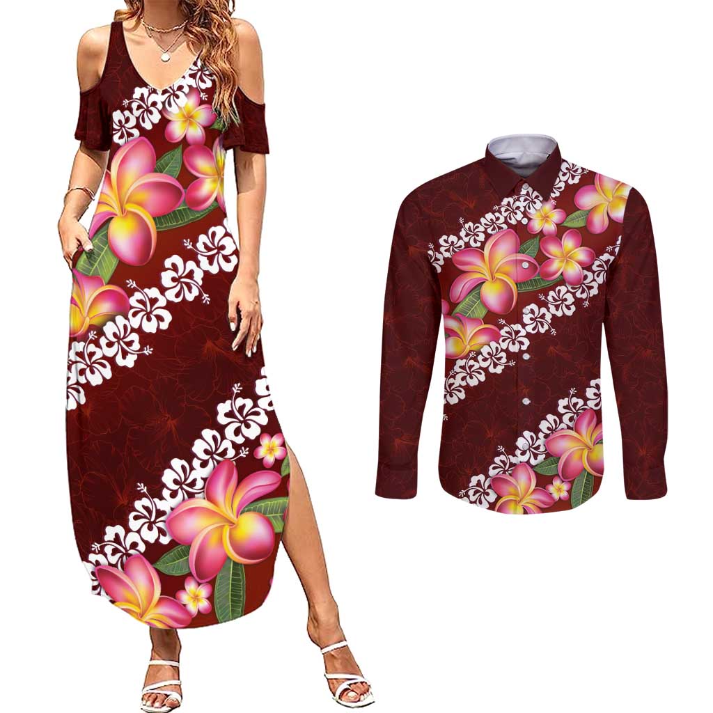 Oxblood Polynesia Couples Matching Summer Maxi Dress and Long Sleeve Button Shirt Plumeria With Hibiscus Pattern Tropical Vibes LT14 Oxblood - Polynesian Pride