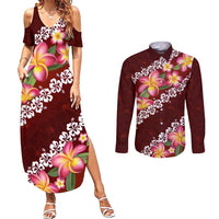 Oxblood Polynesia Couples Matching Summer Maxi Dress and Long Sleeve Button Shirt Plumeria With Hibiscus Pattern Tropical Vibes LT14 Oxblood - Polynesian Pride