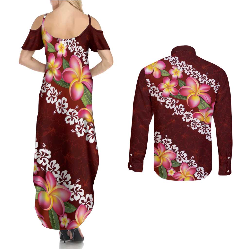 Oxblood Polynesia Couples Matching Summer Maxi Dress and Long Sleeve Button Shirt Plumeria With Hibiscus Pattern Tropical Vibes LT14 - Polynesian Pride