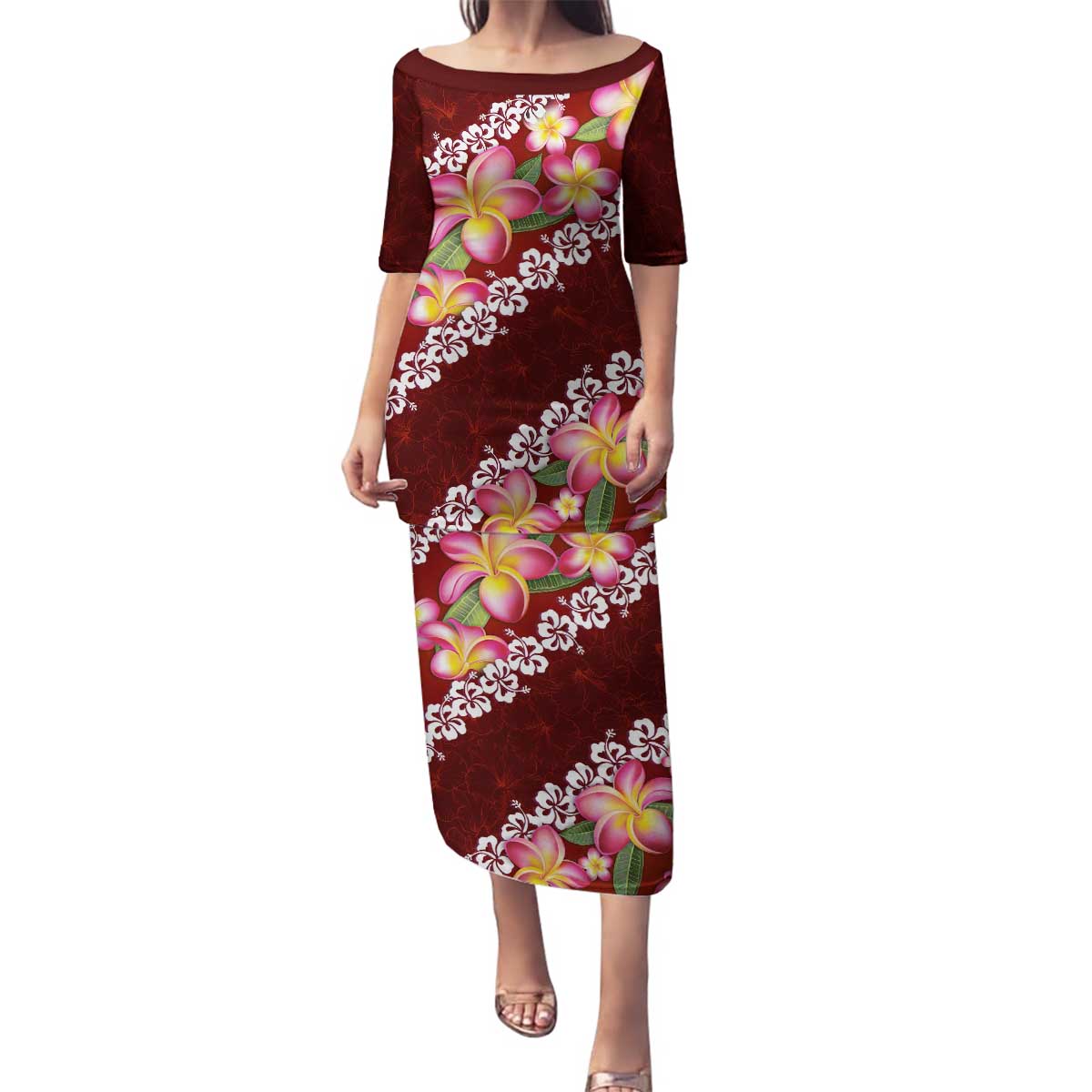 Oxblood Polynesia Family Matching Puletasi and Hawaiian Shirt Plumeria With Hibiscus Pattern Tropical Vibes