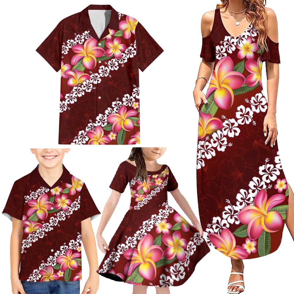 Oxblood Polynesia Family Matching Summer Maxi Dress and Hawaiian Shirt Plumeria With Hibiscus Pattern Tropical Vibes