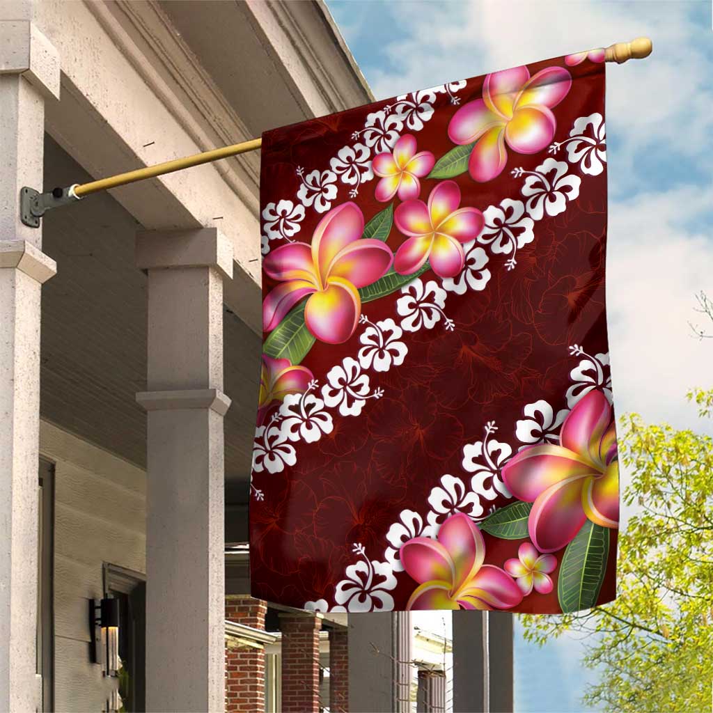 Oxblood Polynesia Garden Flag Plumeria With Hibiscus Pattern Tropical Vibes LT14 House Flag Oxblood - Polynesian Pride