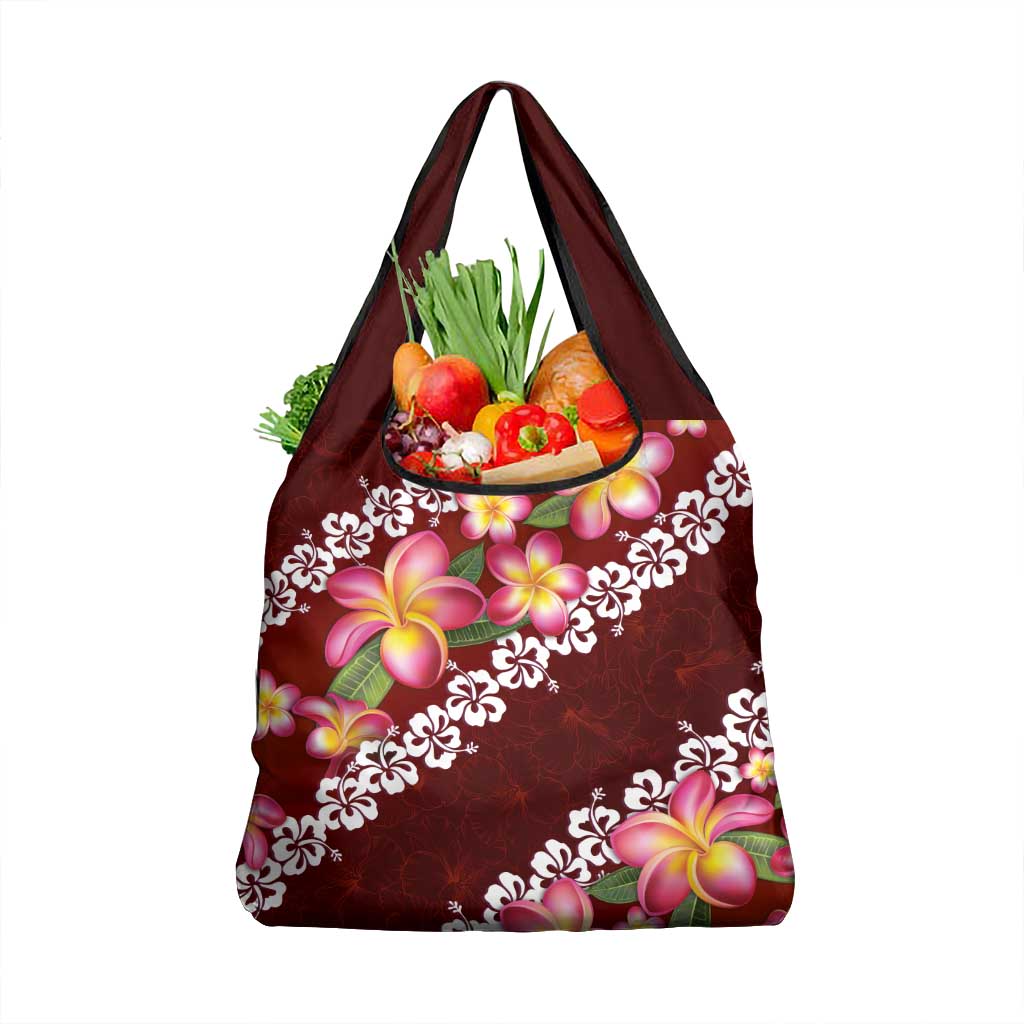 Oxblood Polynesia Grocery Bag Plumeria With Hibiscus Pattern Tropical Vibes LT14 1-pack One Size Oxblood - Polynesian Pride