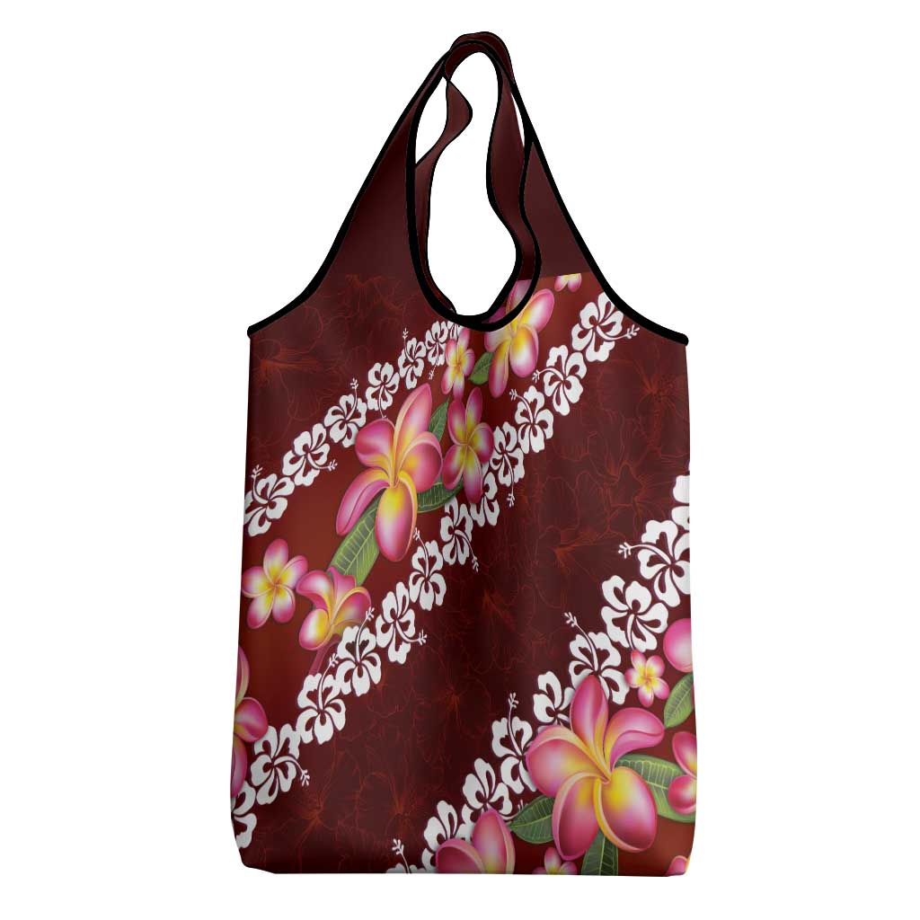 Oxblood Polynesia Grocery Bag Plumeria With Hibiscus Pattern Tropical Vibes LT14 - Polynesian Pride