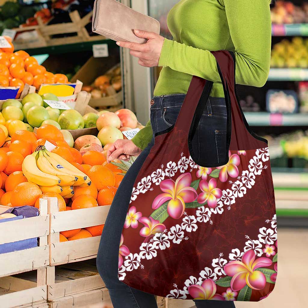 Oxblood Polynesia Grocery Bag Plumeria With Hibiscus Pattern Tropical Vibes LT14 - Polynesian Pride