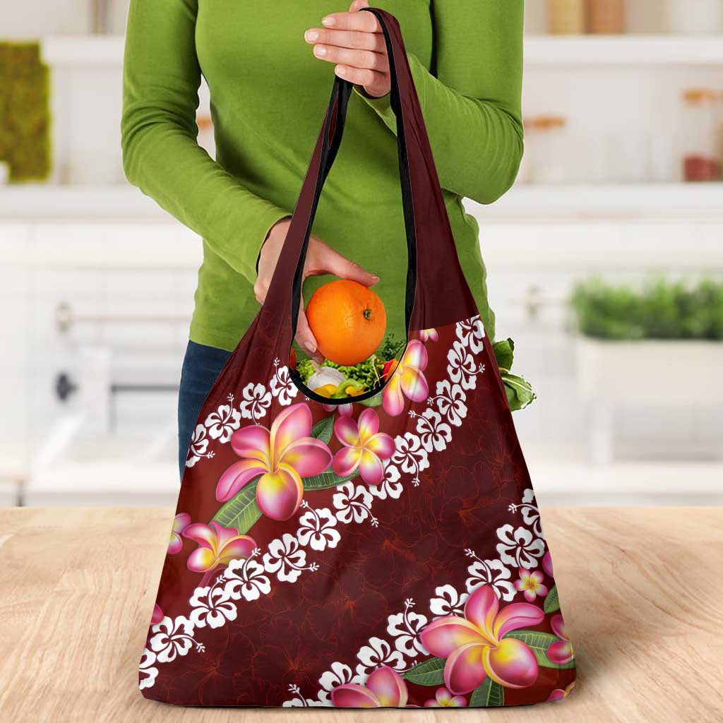 Oxblood Polynesia Grocery Bag Plumeria With Hibiscus Pattern Tropical Vibes LT14 - Polynesian Pride
