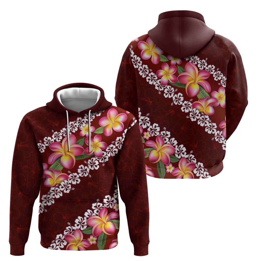 Oxblood Polynesia Hoodie Plumeria With Hibiscus Pattern Tropical Vibes