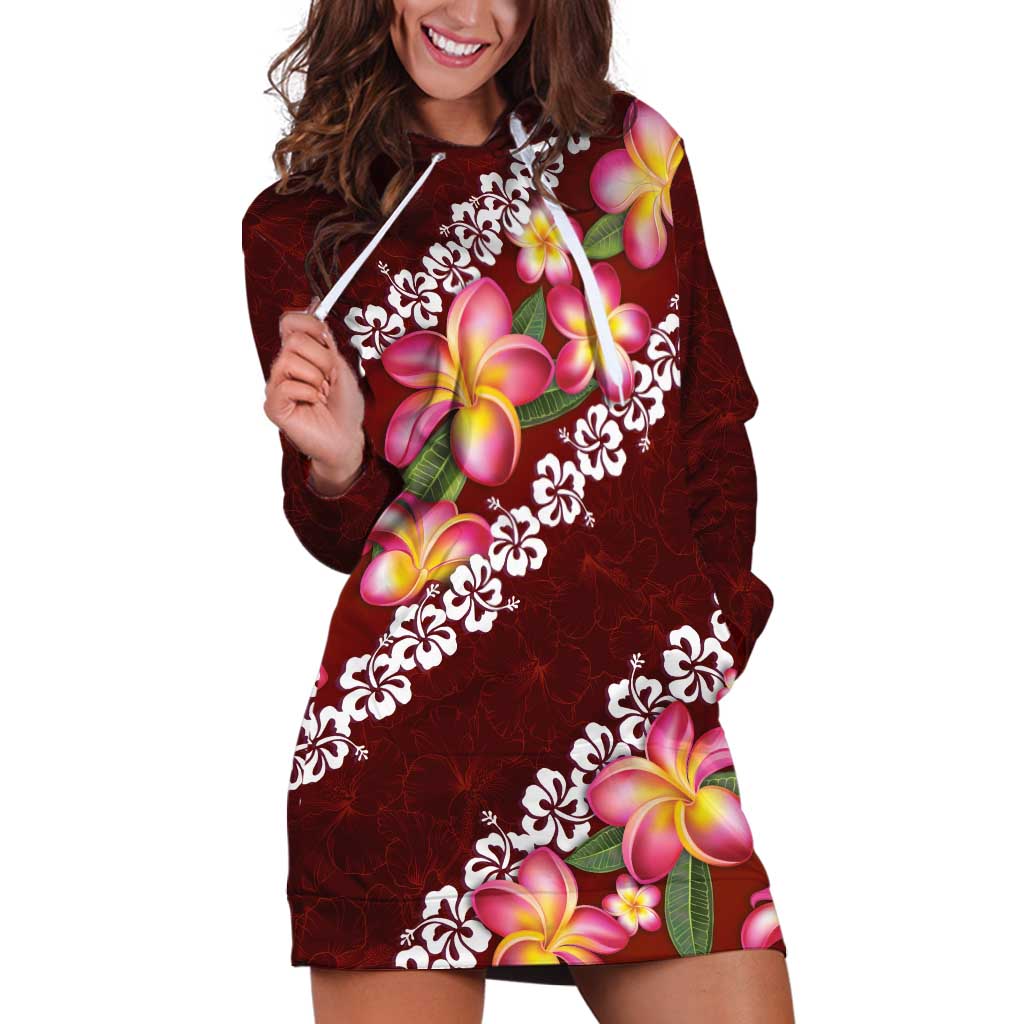 Oxblood Polynesia Hoodie Dress Plumeria With Hibiscus Pattern Tropical Vibes LT14 Oxblood - Polynesian Pride