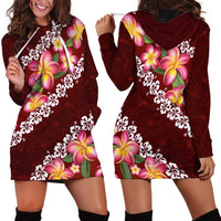 Oxblood Polynesia Hoodie Dress Plumeria With Hibiscus Pattern Tropical Vibes LT14 - Polynesian Pride
