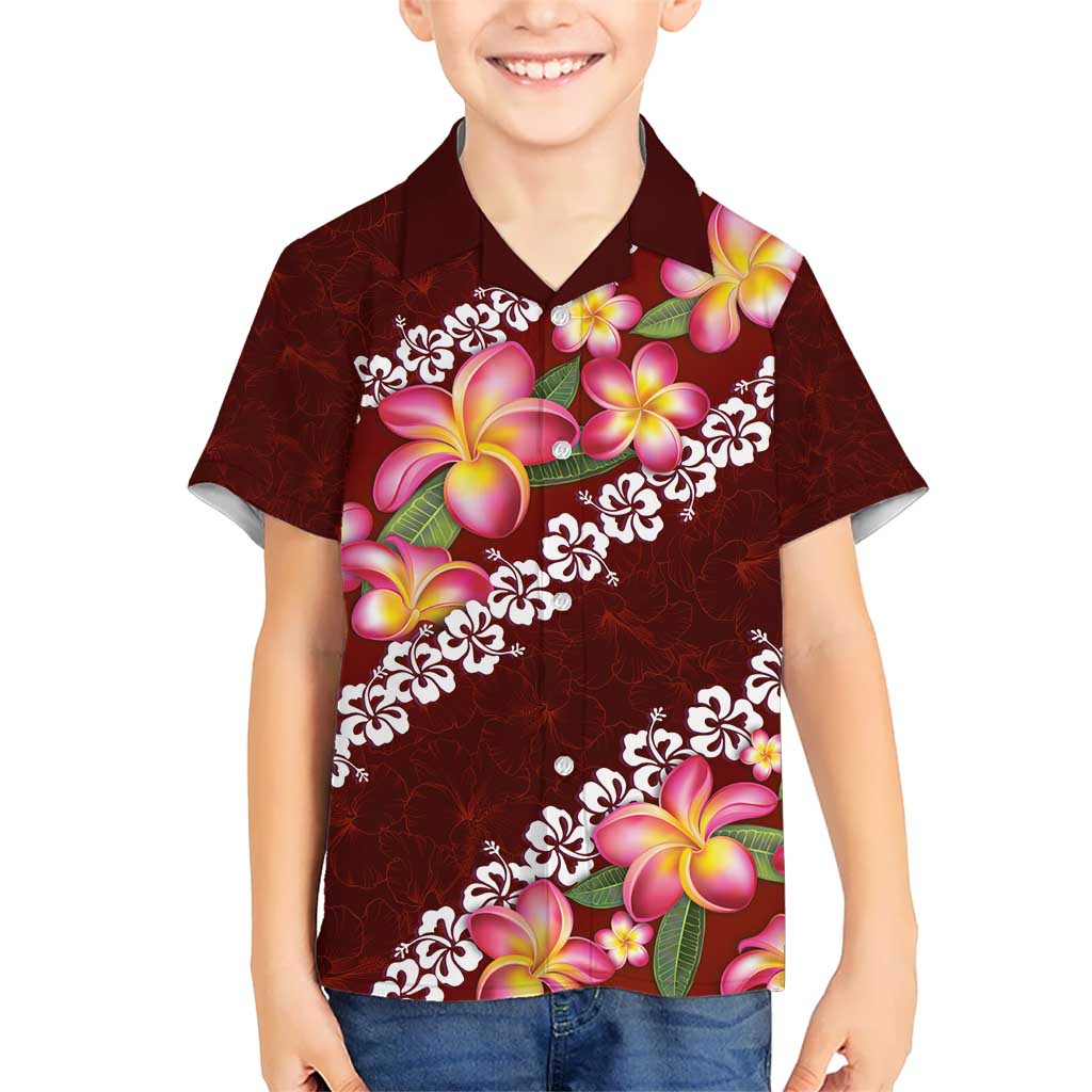 Oxblood Polynesia Kid Hawaiian Shirt Plumeria With Hibiscus Pattern Tropical Vibes