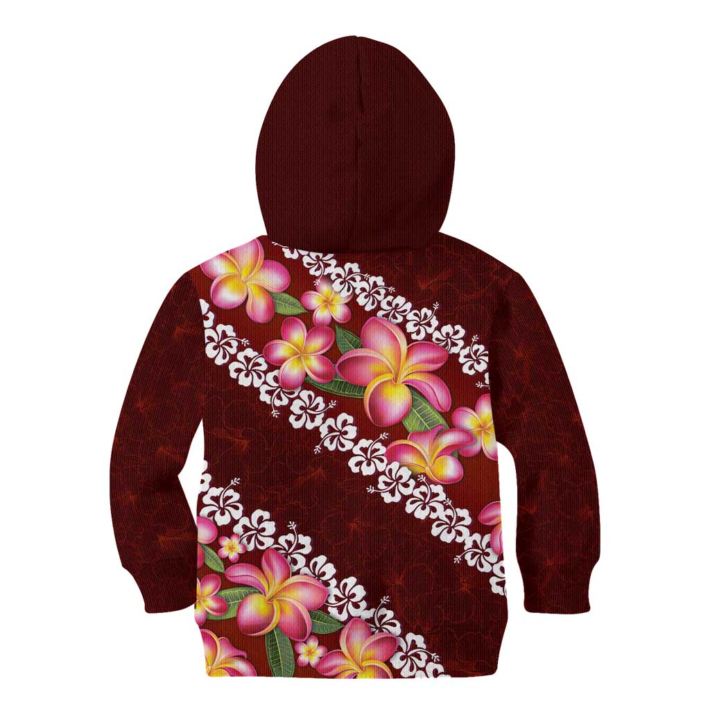 Oxblood Polynesia Kid Hoodie Plumeria With Hibiscus Pattern Tropical Vibes