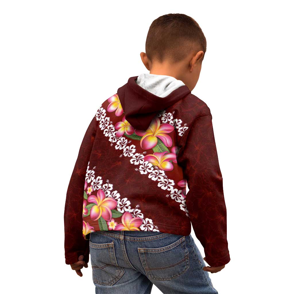 Oxblood Polynesia Kid Hoodie Plumeria With Hibiscus Pattern Tropical Vibes