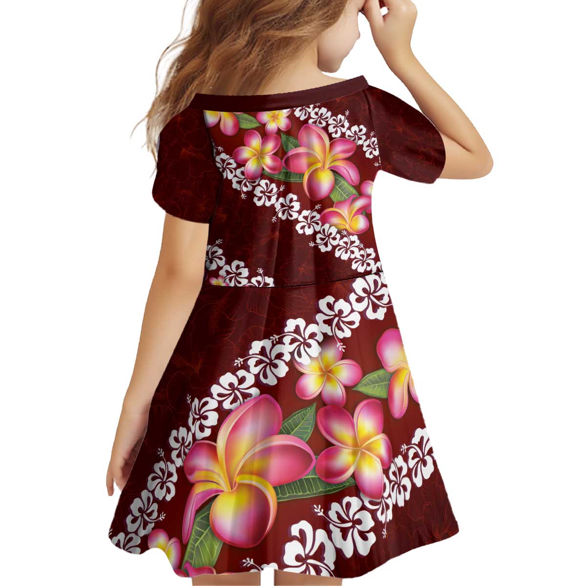 Oxblood Polynesia Kid Short Sleeve Dress Plumeria With Hibiscus Pattern Tropical Vibes