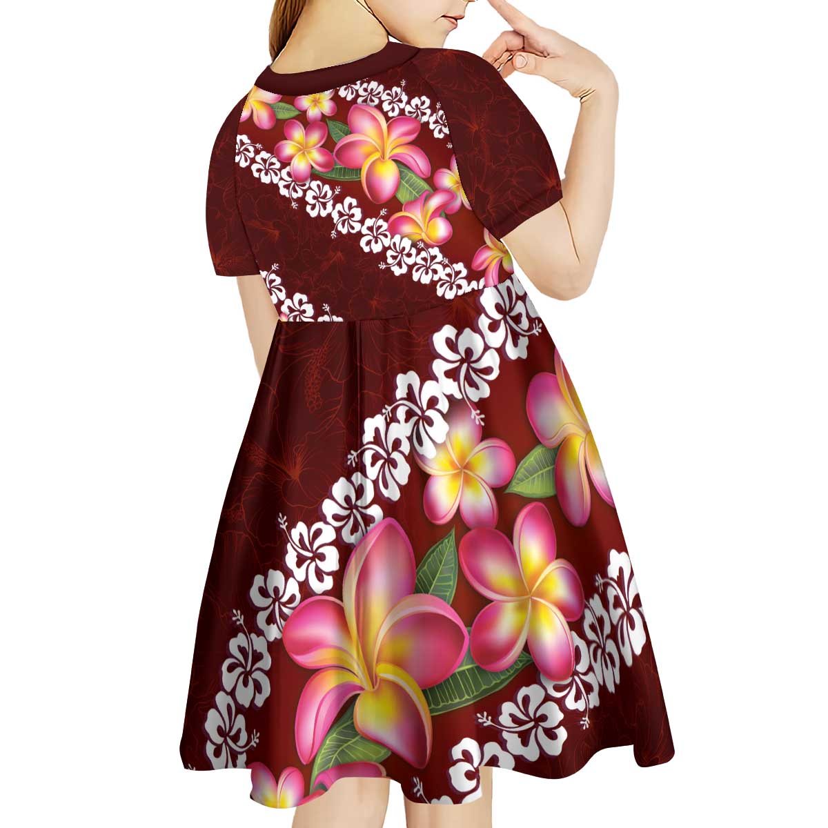 Oxblood Polynesia Kid Short Sleeve Dress Plumeria With Hibiscus Pattern Tropical Vibes