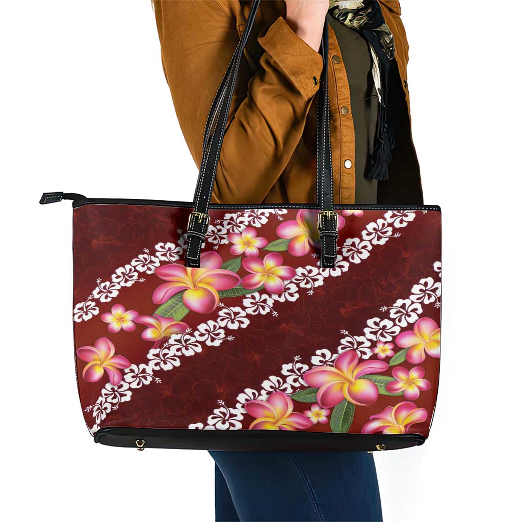 Oxblood Polynesia Leather Tote Bag Plumeria With Hibiscus Pattern Tropical Vibes LT14 - Polynesian Pride