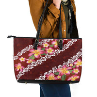 Oxblood Polynesia Leather Tote Bag Plumeria With Hibiscus Pattern Tropical Vibes LT14 - Polynesian Pride