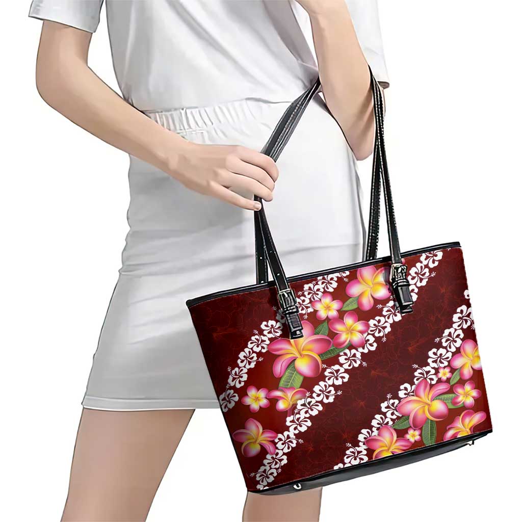 Oxblood Polynesia Leather Tote Bag Plumeria With Hibiscus Pattern Tropical Vibes LT14 - Polynesian Pride