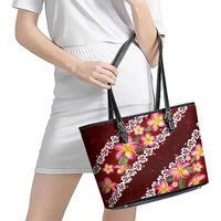 Oxblood Polynesia Leather Tote Bag Plumeria With Hibiscus Pattern Tropical Vibes LT14 - Polynesian Pride