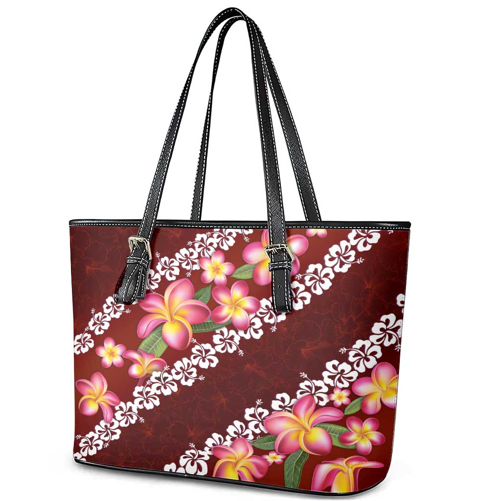 Oxblood Polynesia Leather Tote Bag Plumeria With Hibiscus Pattern Tropical Vibes LT14 - Polynesian Pride