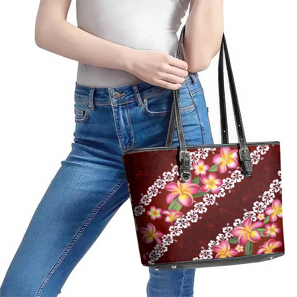 Oxblood Polynesia Leather Tote Bag Plumeria With Hibiscus Pattern Tropical Vibes LT14 - Polynesian Pride