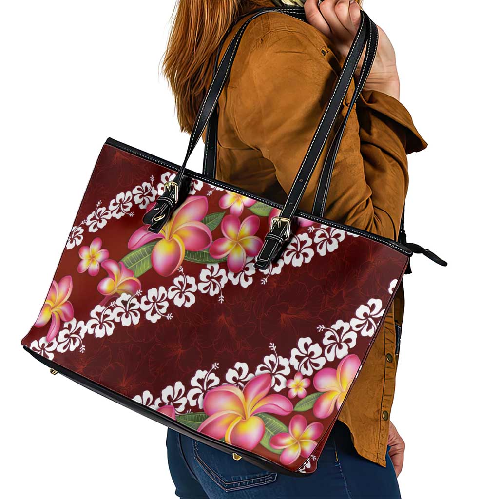 Oxblood Polynesia Leather Tote Bag Plumeria With Hibiscus Pattern Tropical Vibes LT14 - Polynesian Pride