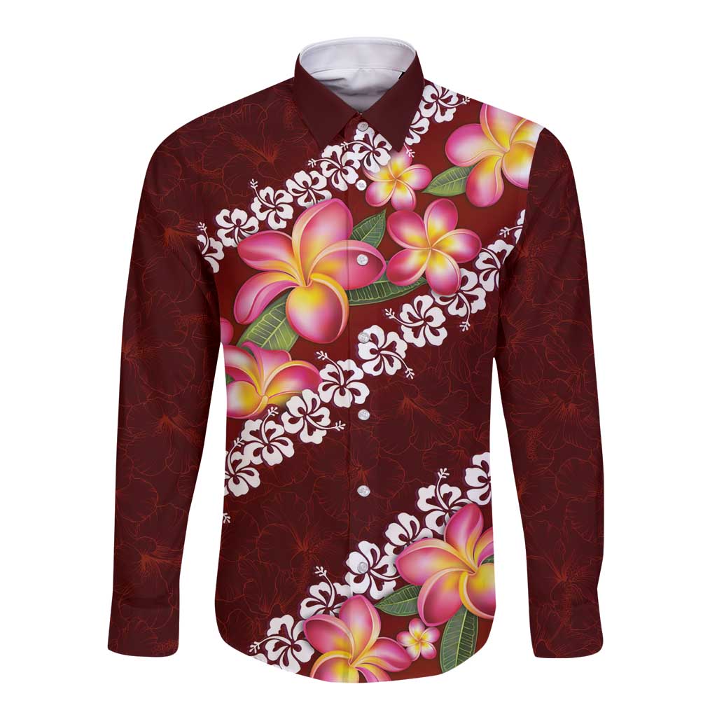 Oxblood Polynesia Long Sleeve Button Shirt Plumeria With Hibiscus Pattern Tropical Vibes