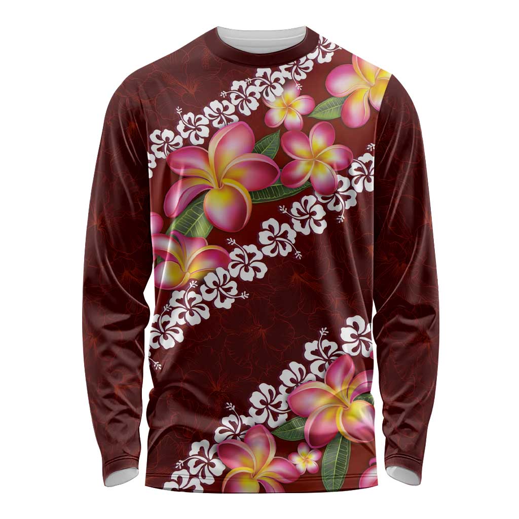 Oxblood Polynesia Long Sleeve Shirt Plumeria With Hibiscus Pattern Tropical Vibes